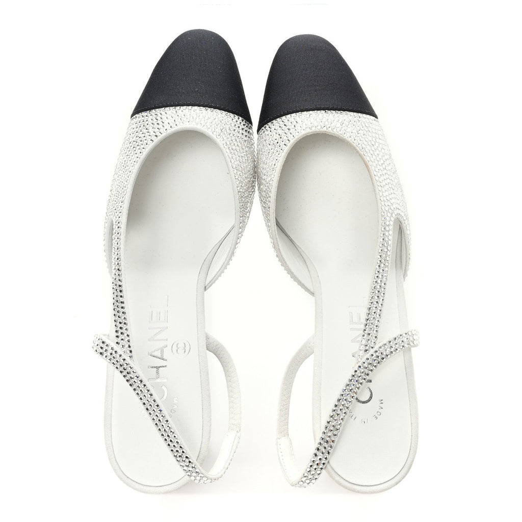 Chanel Strass Grosgrain Cap Toe CC Slingback Pumps 36 Silver Black
