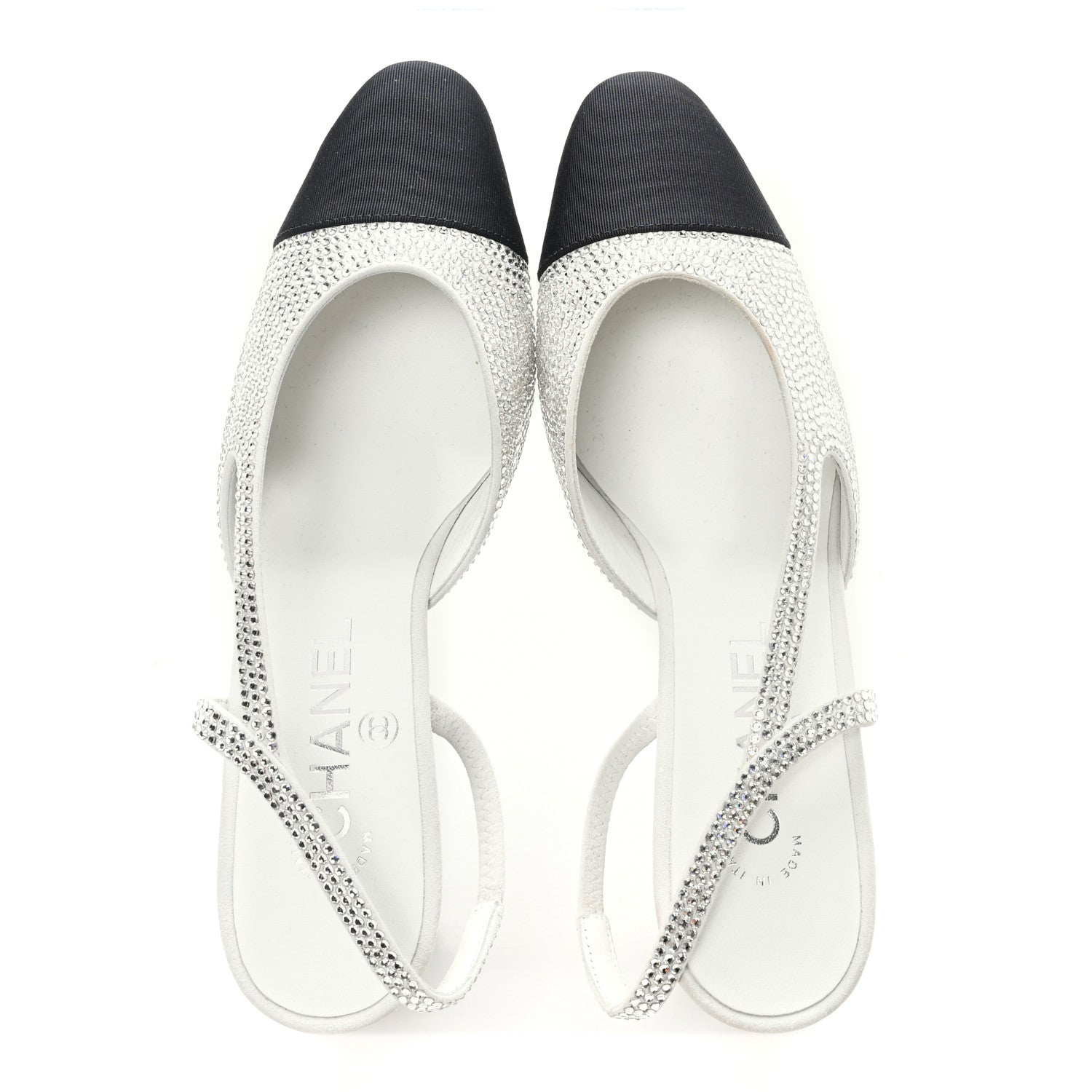Chanel Strass Grosgrain Cap Toe CC Slingback Pumps 36 Silver Black