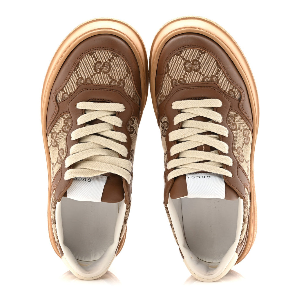 Gucci Calfskin GG Monogram Womens Platform 55mm Sneakers 35.5 Hezelnut Beige Ebony Mystic White