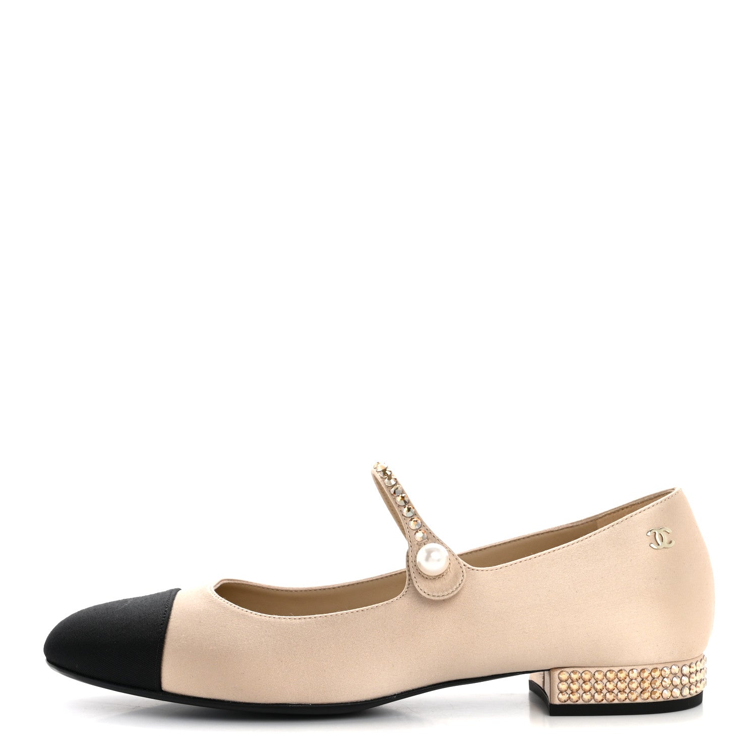 Chanel Strass Satin Grosgrain Mary Jane Flats 38.5 Beige Black