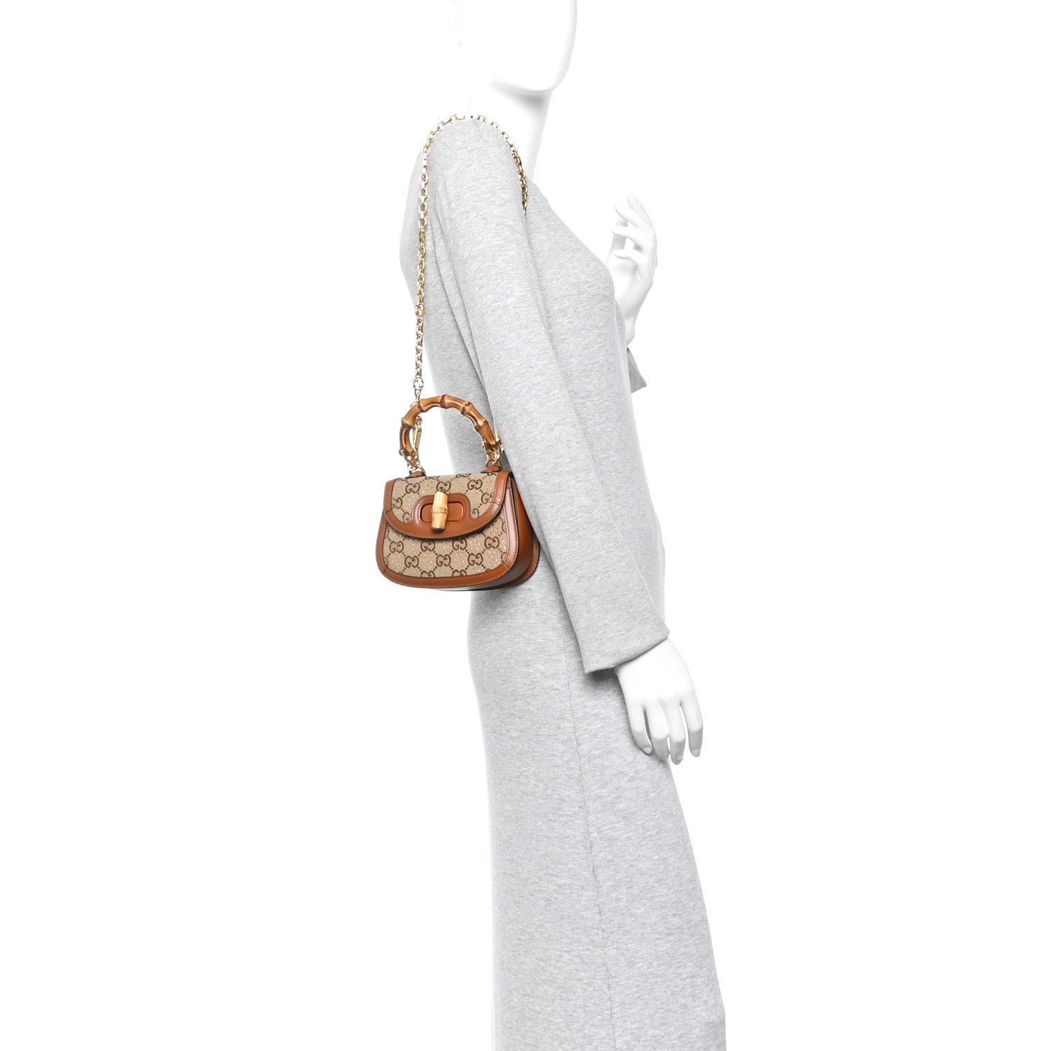 Gucci New Canvas Charisma Calfskin Crystal GG Monogram Small Bamboo 1947 Top Handle Bag Camel Ebony