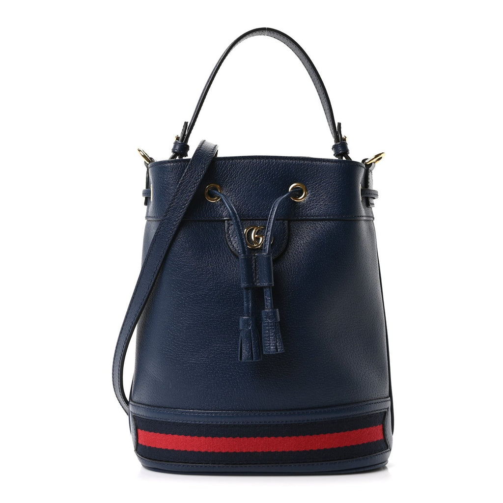 Gucci Soft Textured Calfskin Web Small Ophidia Bucket Bag Blue Agata