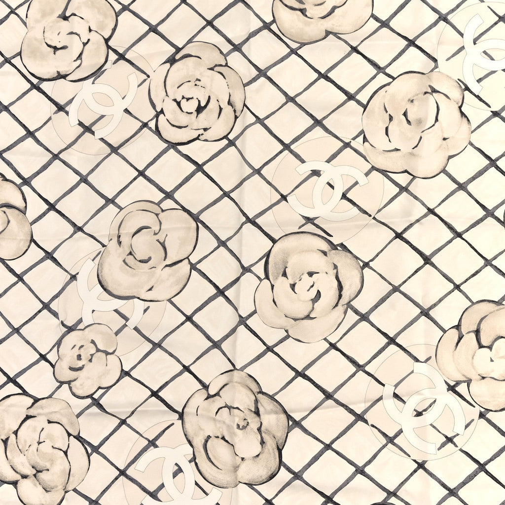 Chanel Silk Camellia CC Square Scarf Ivory