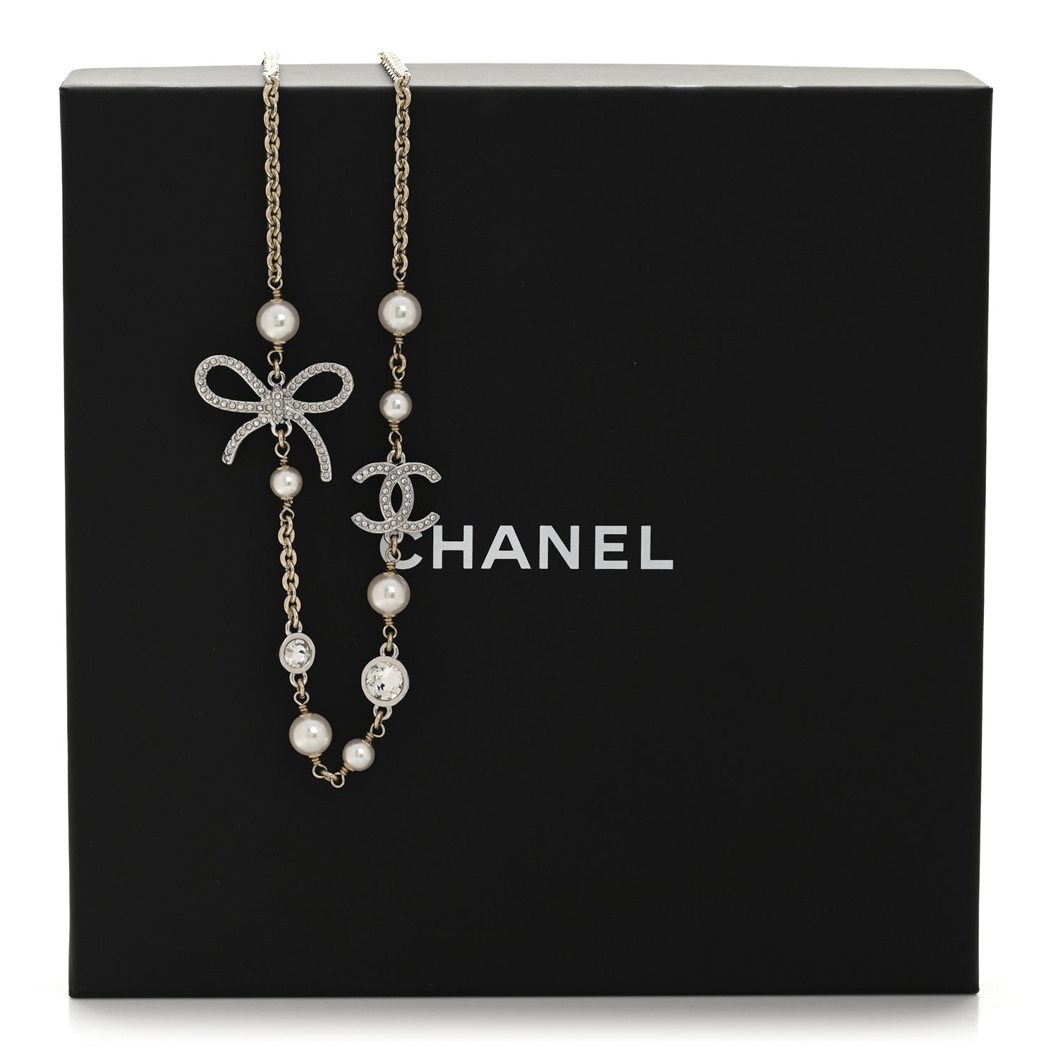 Pearl Crystal CC Bow Necklace Gold