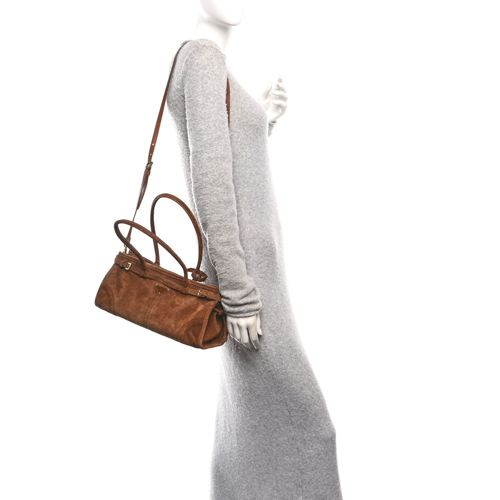 Prada Suede Triangle Medium Bonnie Shoulder Bag Cacao