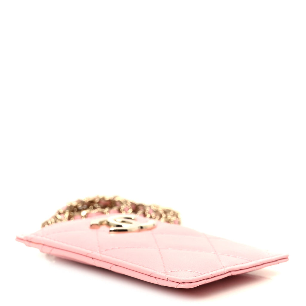Lambskin Quilted Enamel Chanel Card Holder On Chain Light Pink