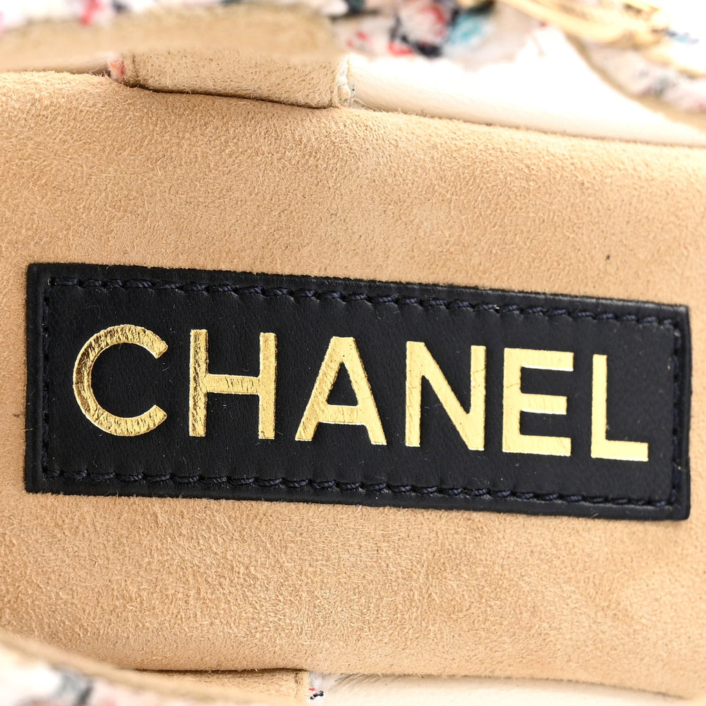 Chanel Tweed Cork CC Wedge Sandals 37 Ecru Pink Blue Green