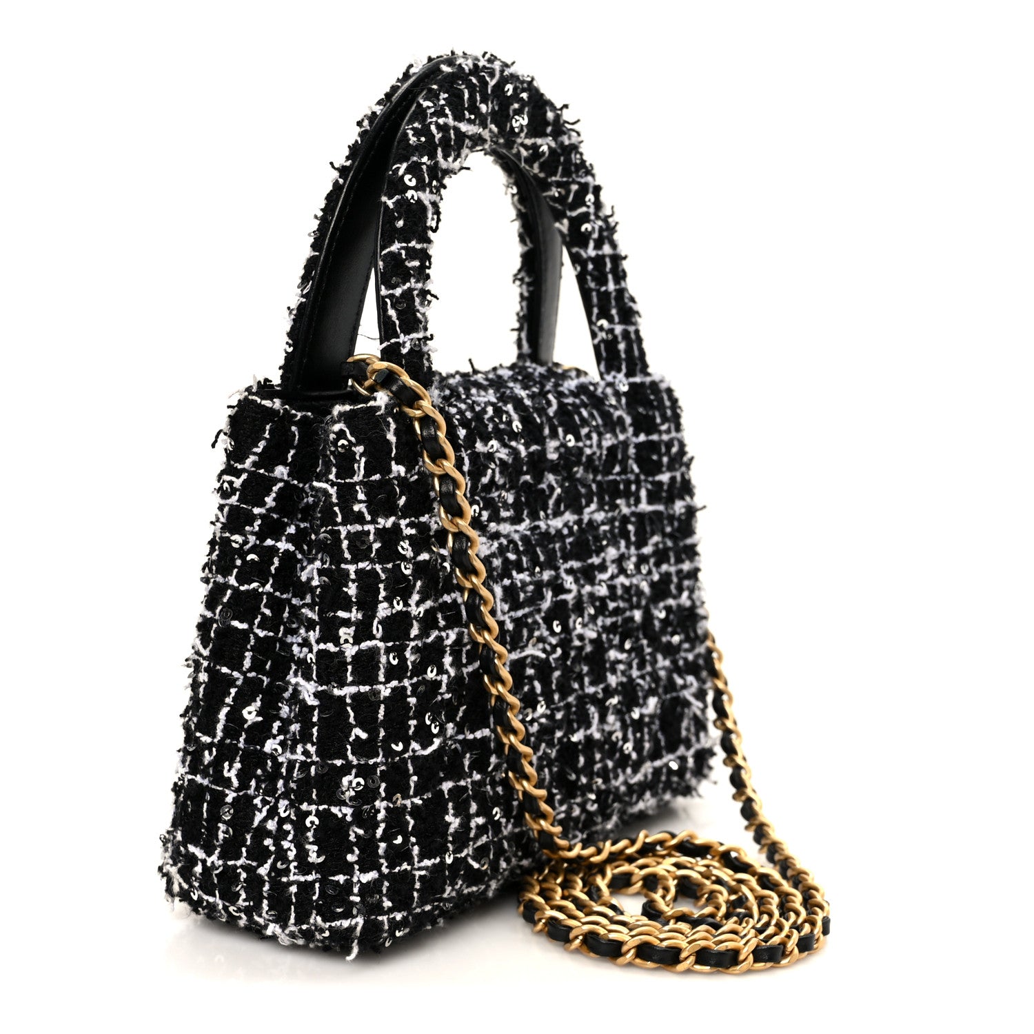 Chanel Tweed Quilted Nano Kelly Shopper Black White