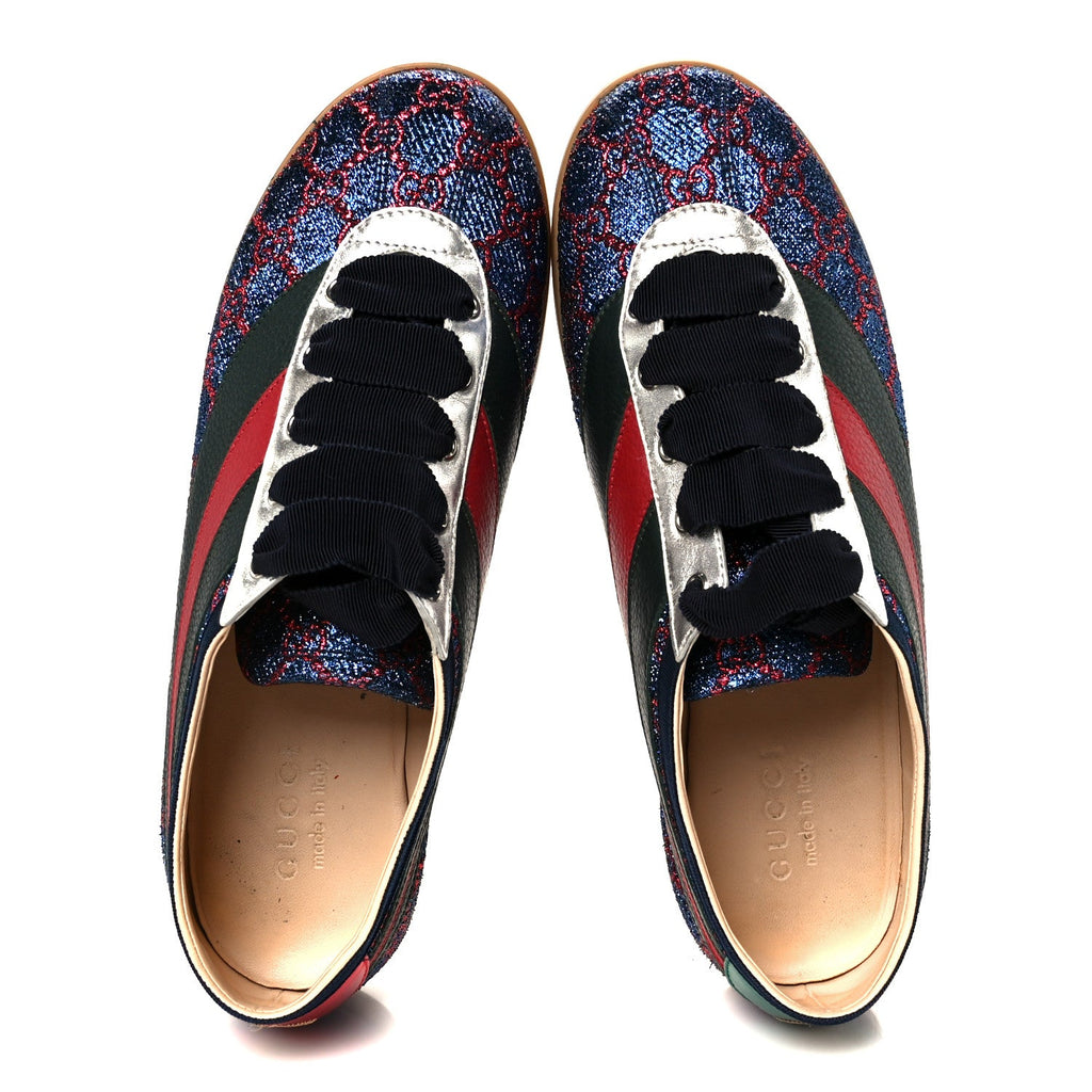 Gucci Lurex Calfskin Web GG Monogram Mens Falacer Sneakers 8.5 Iridescent Blue Iridescent Red Silver