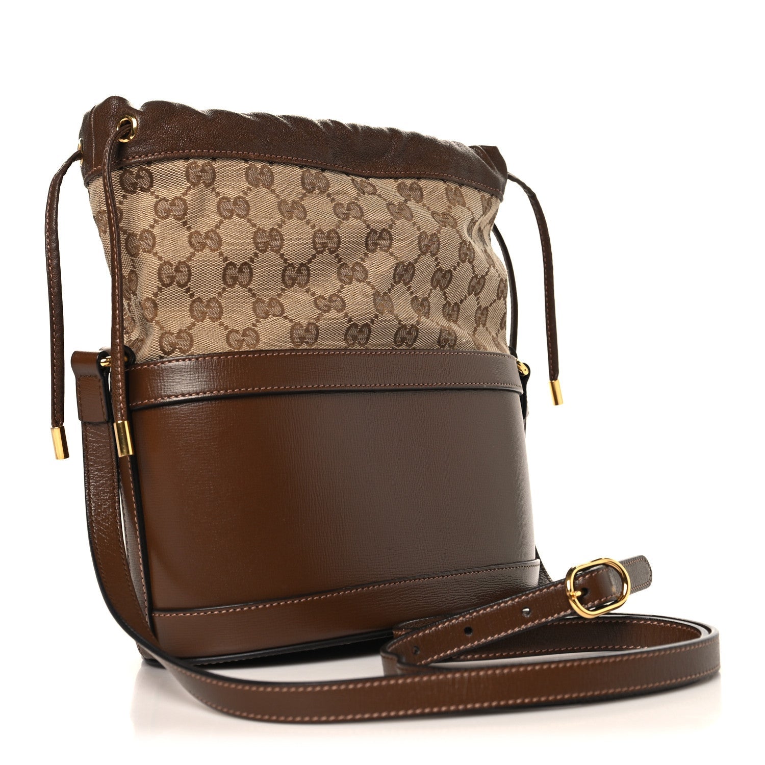 Gucci Monogram Textured Calfskin Horsebit 1955 Drawstring Bucket Bag Beige Brown Sugar
