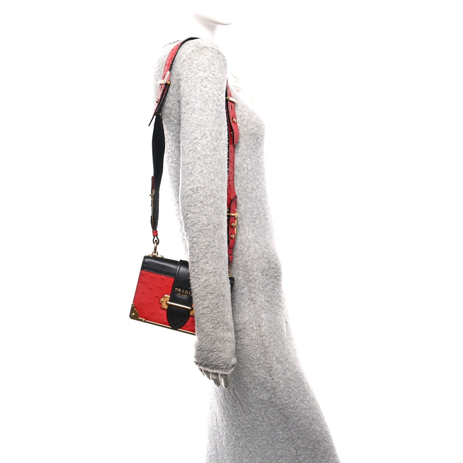 Prada City Calfskin Ostrich Cahier Bag Fuoco Black