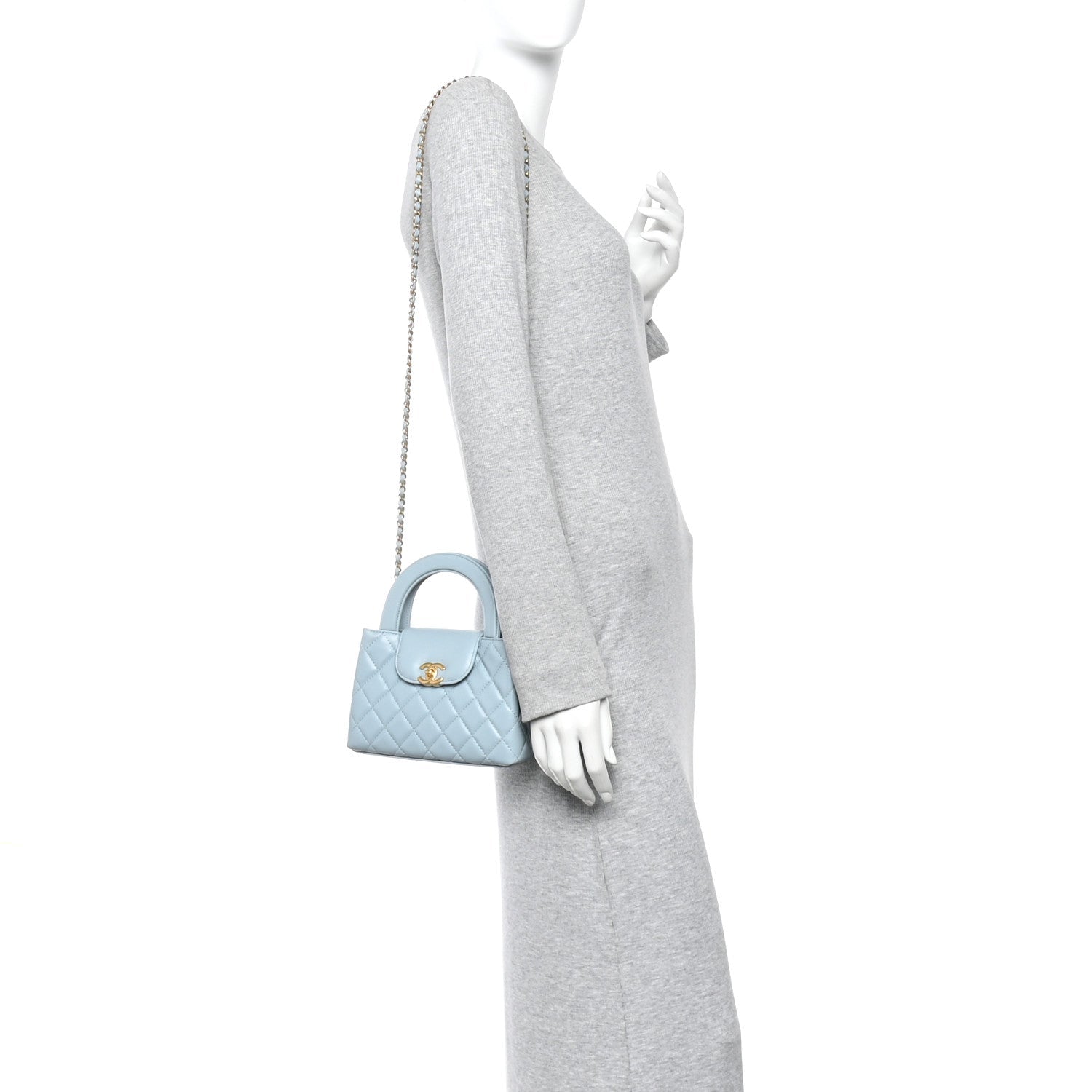 Chanel Shiny Aged Calfskin Quilted Nano Kelly Shopper Light Blue
