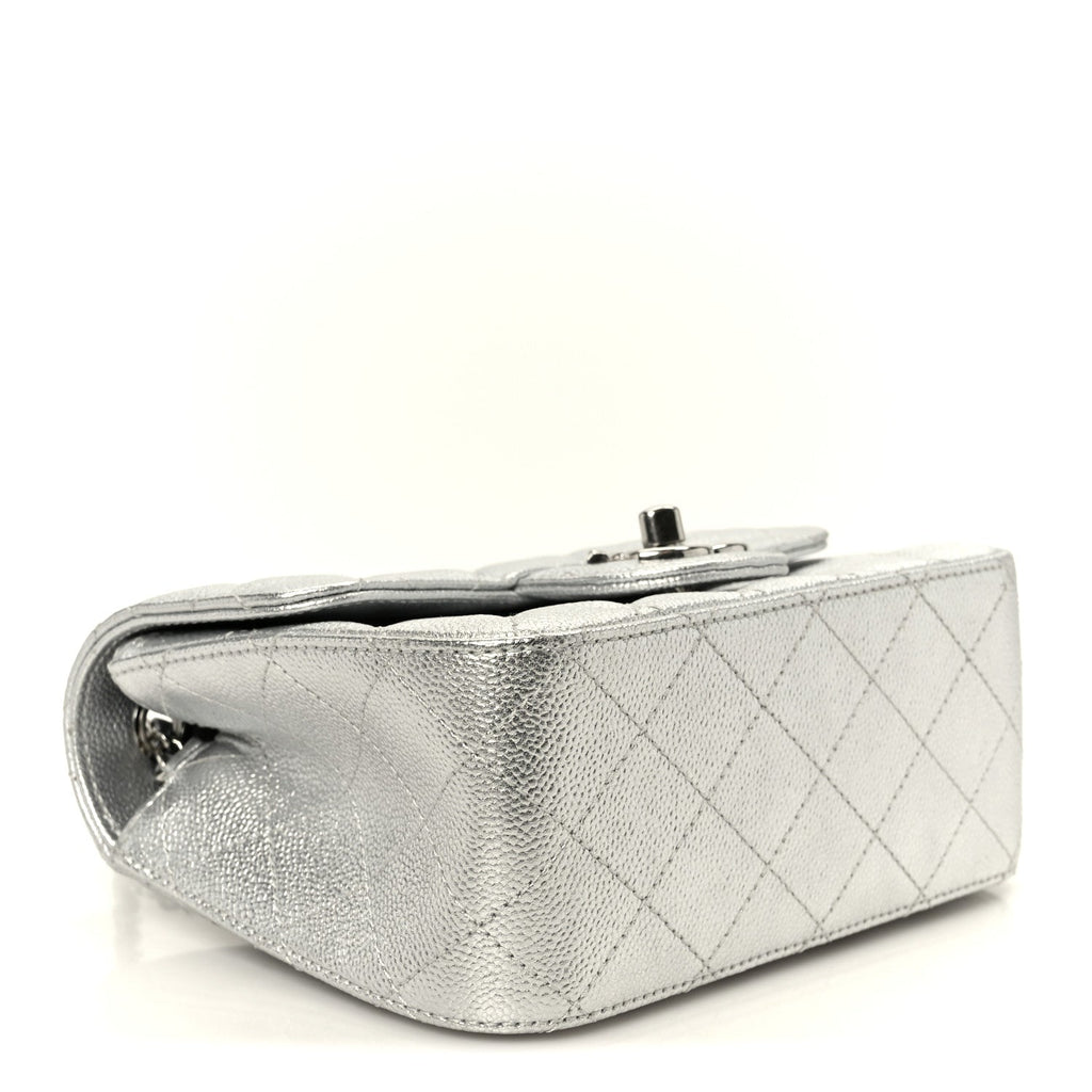 Chanel Metallic Caviar Quilted Mini Square CC Slide Flap Silver
