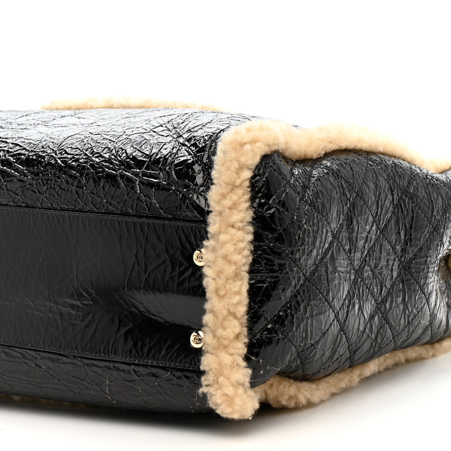 Chanel Shiny Crumpled Sheepskin Shearling CC Mania Tote Bag Black Beige