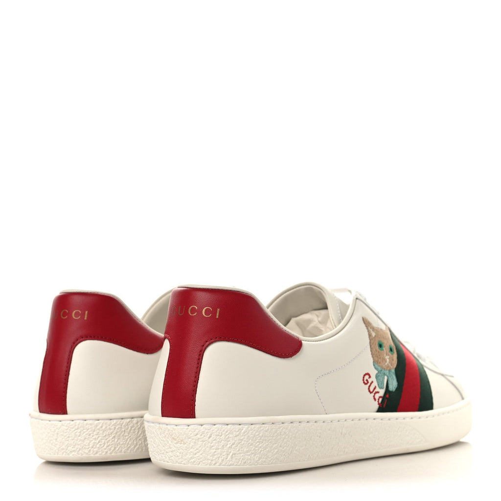 Gucci Calfskin Cat Embroidered Mens Ace Sneakers 12 White Green