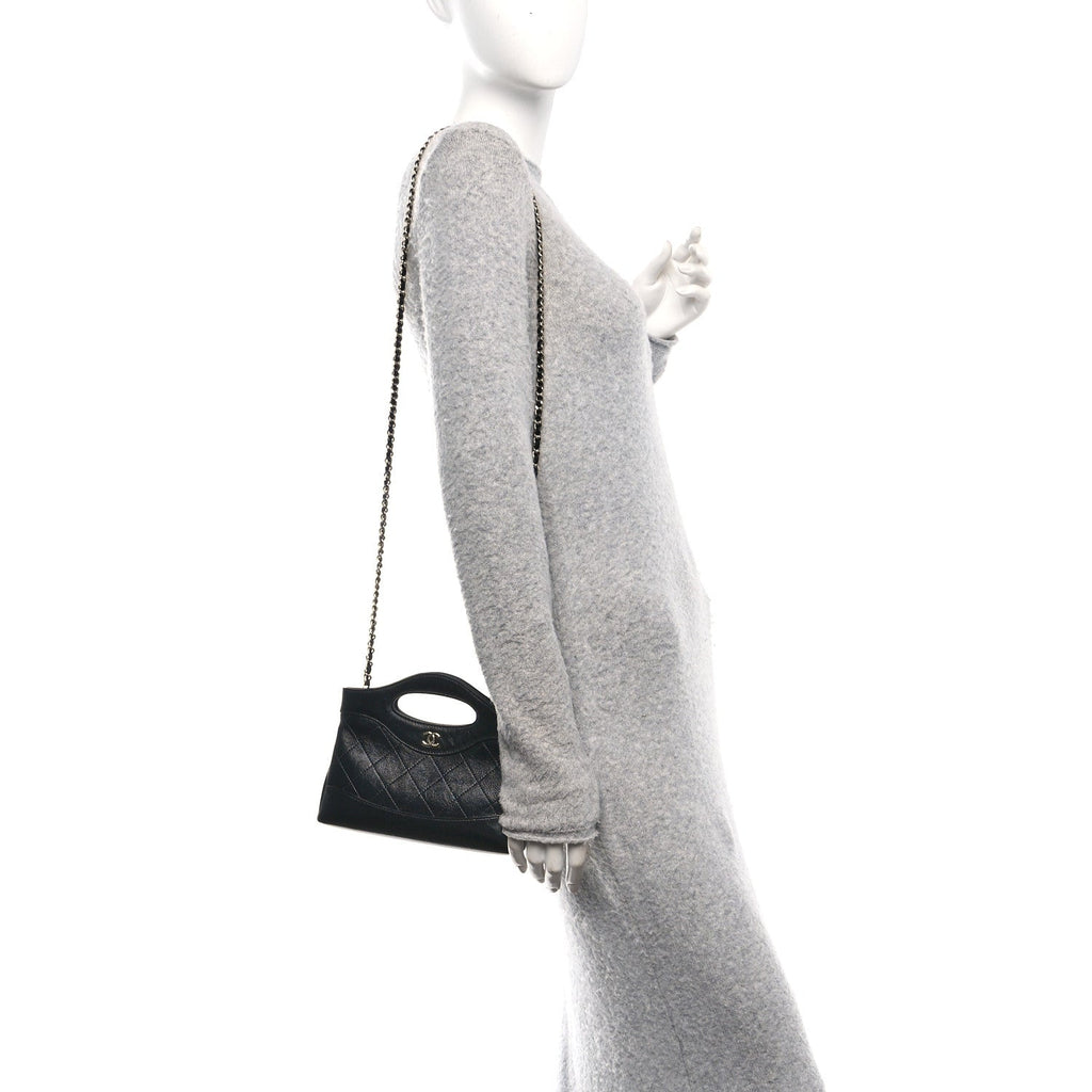Chanel Shiny Crumpled Calfskin Quilted Nano 31 Shopping Bag Black