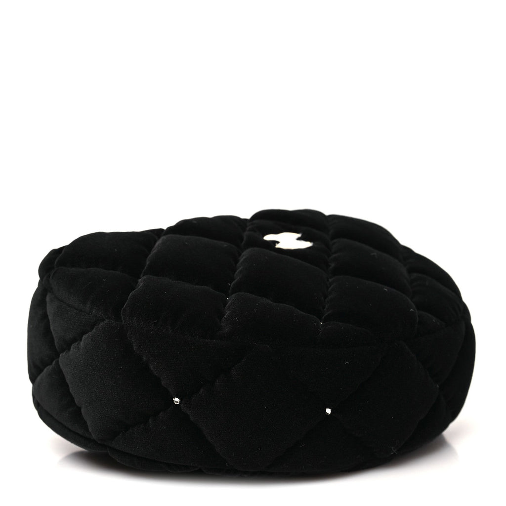 Chanel Velvet Diamanté Quilted Pocket Pouch Hobo Black