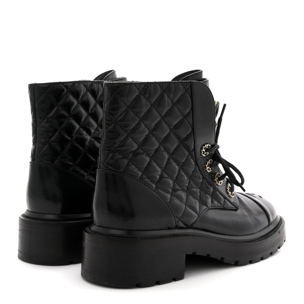 Chanel Shiny Goatskin Calfskin Quilted Lace Up Combat Boots 38.5 Black