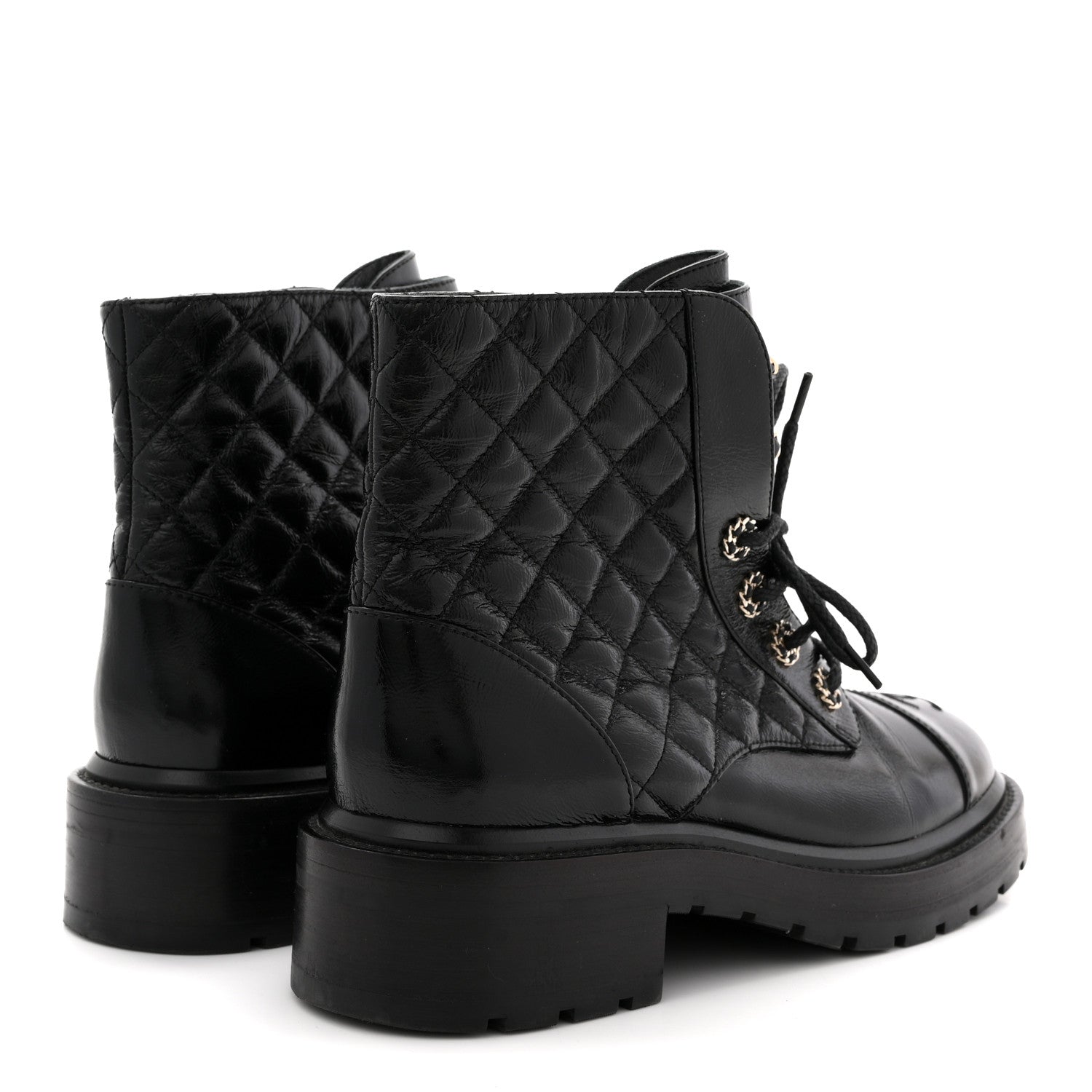 Chanel Shiny Goatskin Calfskin Quilted Lace Up Combat Boots 38.5 Black