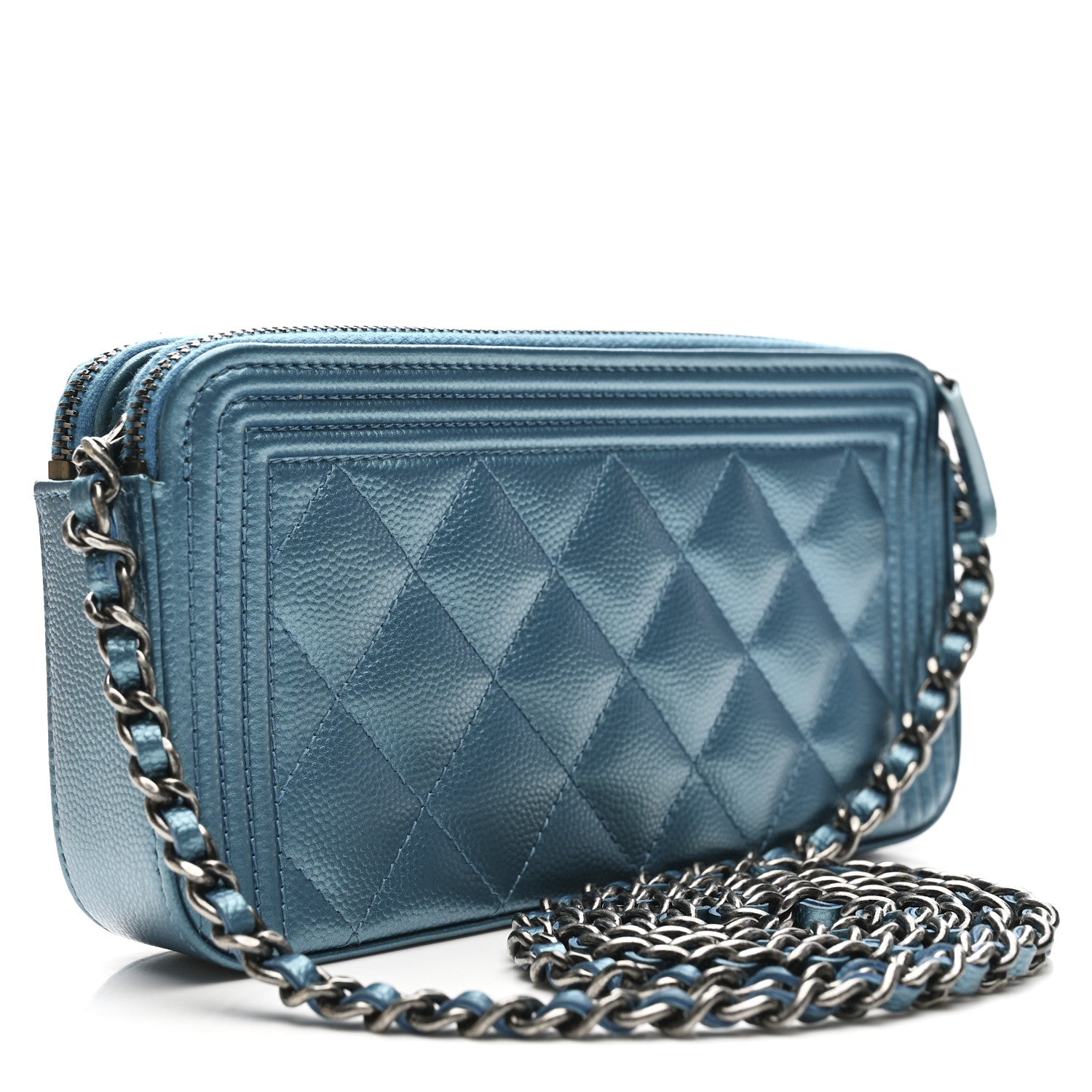 Chanel Metallic Caviar Quilted Small Boy Clutch With Chain Turquoise