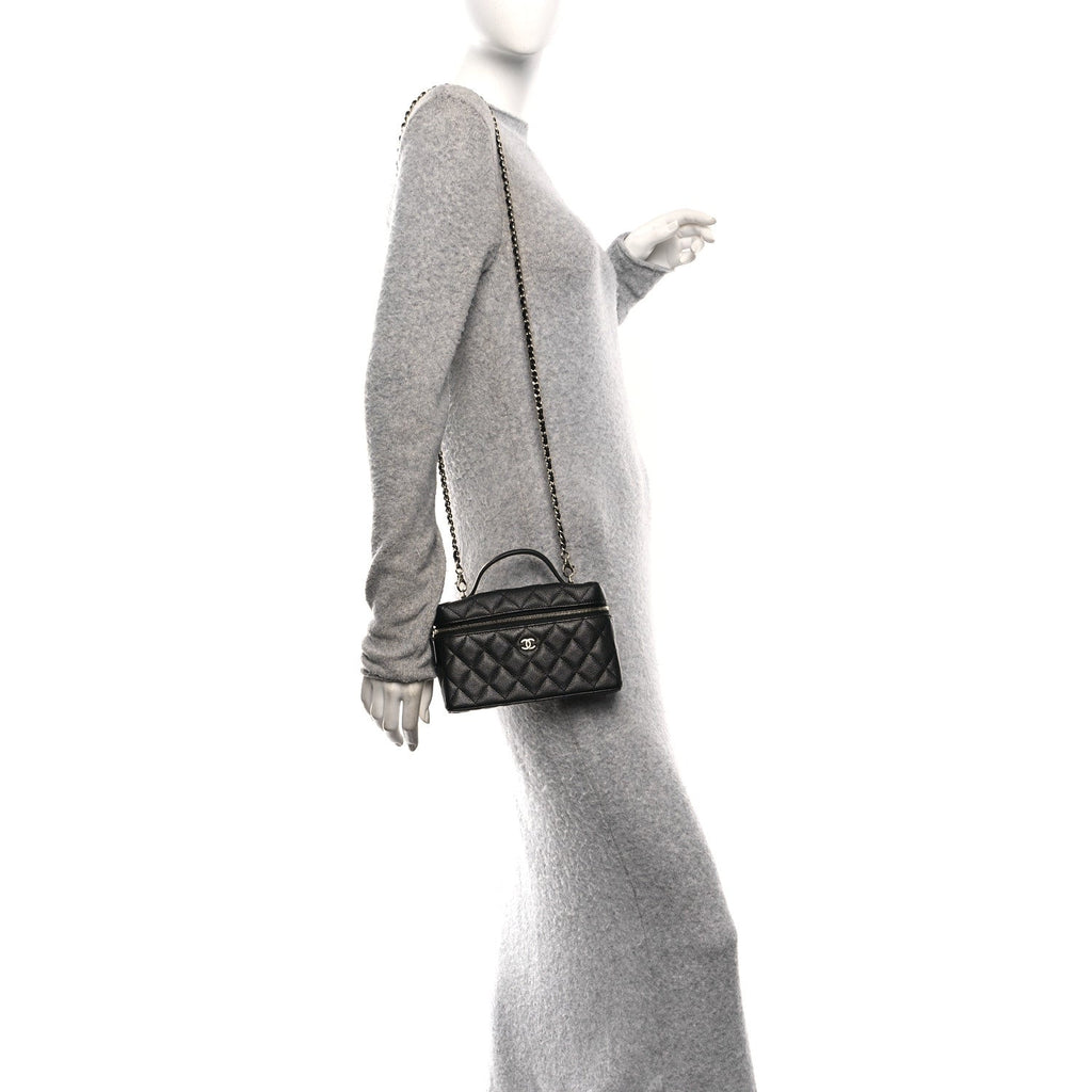 Chanel Caviar Quilted Top Handle Slim Vanity With Chain Black