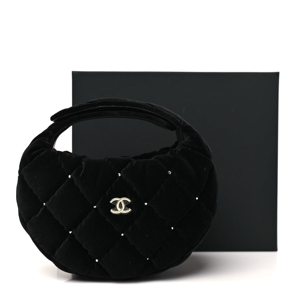Chanel Velvet Diamanté Quilted Pocket Pouch Hobo Black