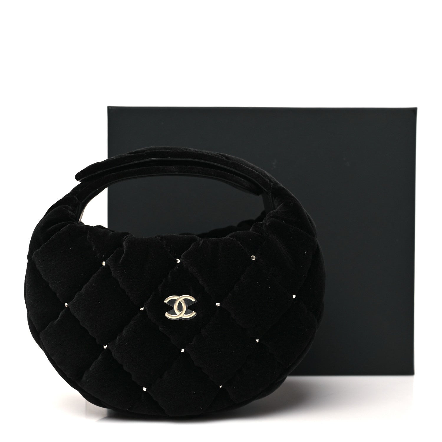 Chanel Velvet Diamanté Quilted Pocket Pouch Hobo Black