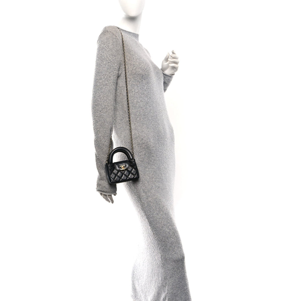 Chanel Shiny Aged Calfskin Quilted Mini Nano Kelly Shopper Black