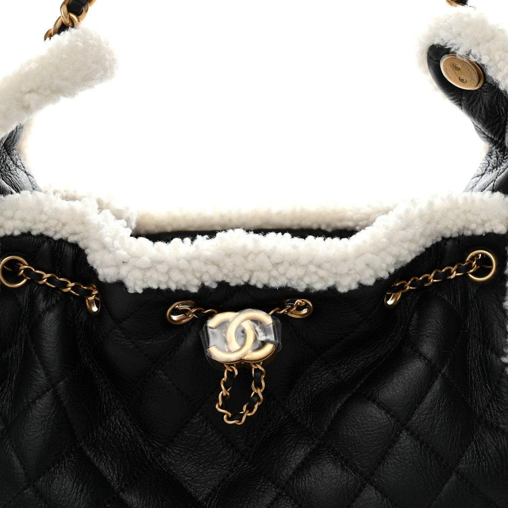 Chanel Crumpled Sheepskin Shearling Quilted Small Chanel 25 Handbag Black White