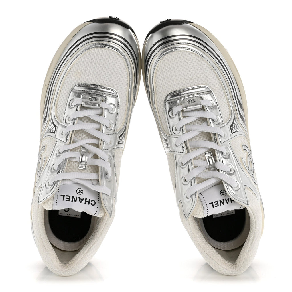 Fabric Laminated Calfskin Stretch CC Womens Sneakers 39.5 White Silver