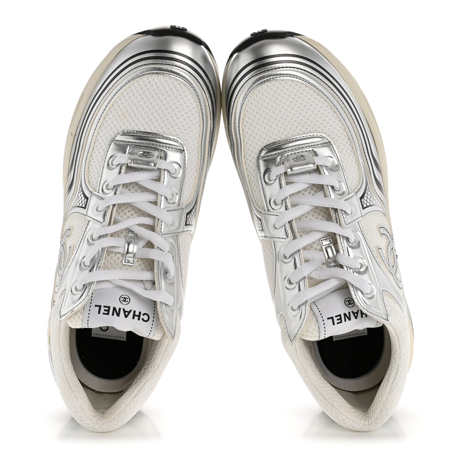 Fabric Laminated Calfskin Stretch CC Womens Sneakers 39.5 White Silver