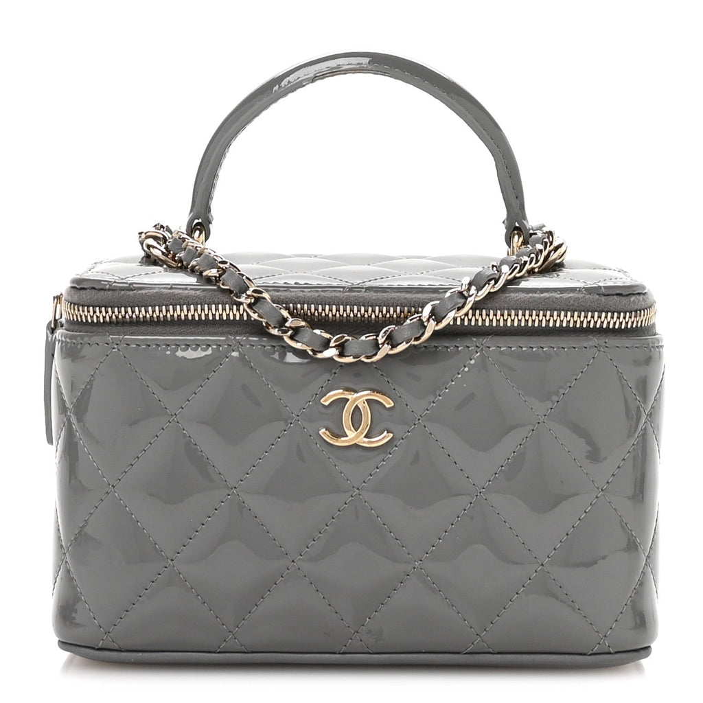 Chanel Patent Quilted Quilted Small Top Handle Vanity Case With Chain Grey