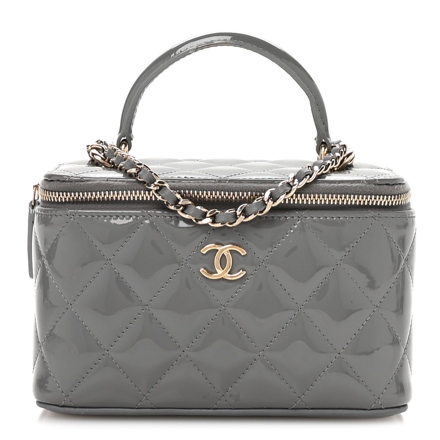 Chanel Patent Quilted Quilted Small Top Handle Vanity Case With Chain Grey