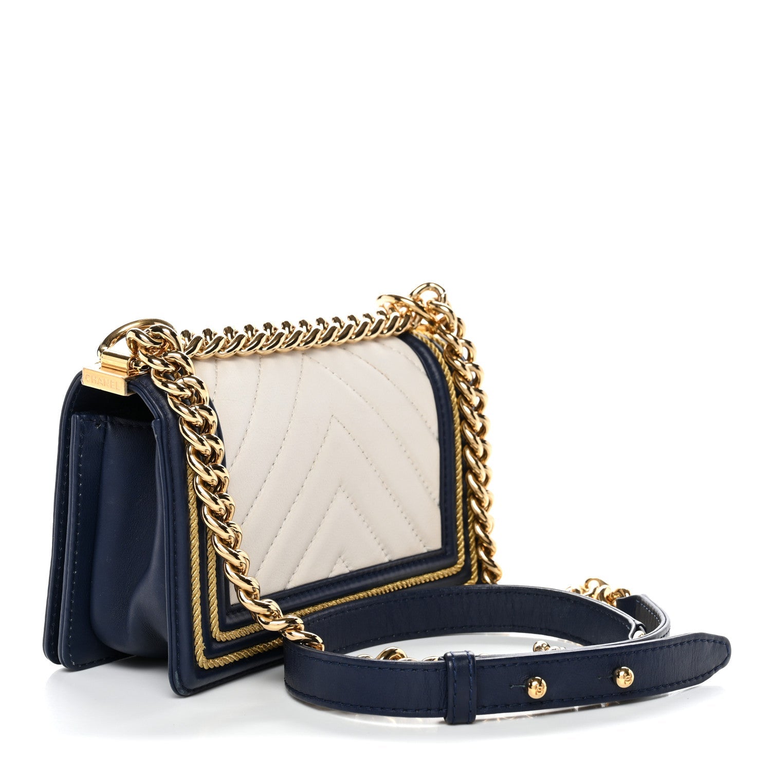 Chanel Calfskin Chevron Quilted Braided Small Boy Flap White Navy