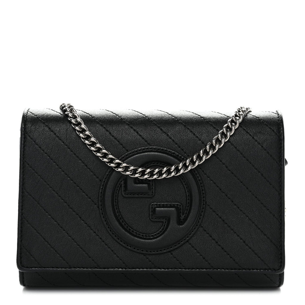 Gucci Sakai Be Green Calfskin Diagonal Stitched Blondie Wallet on Chain Black