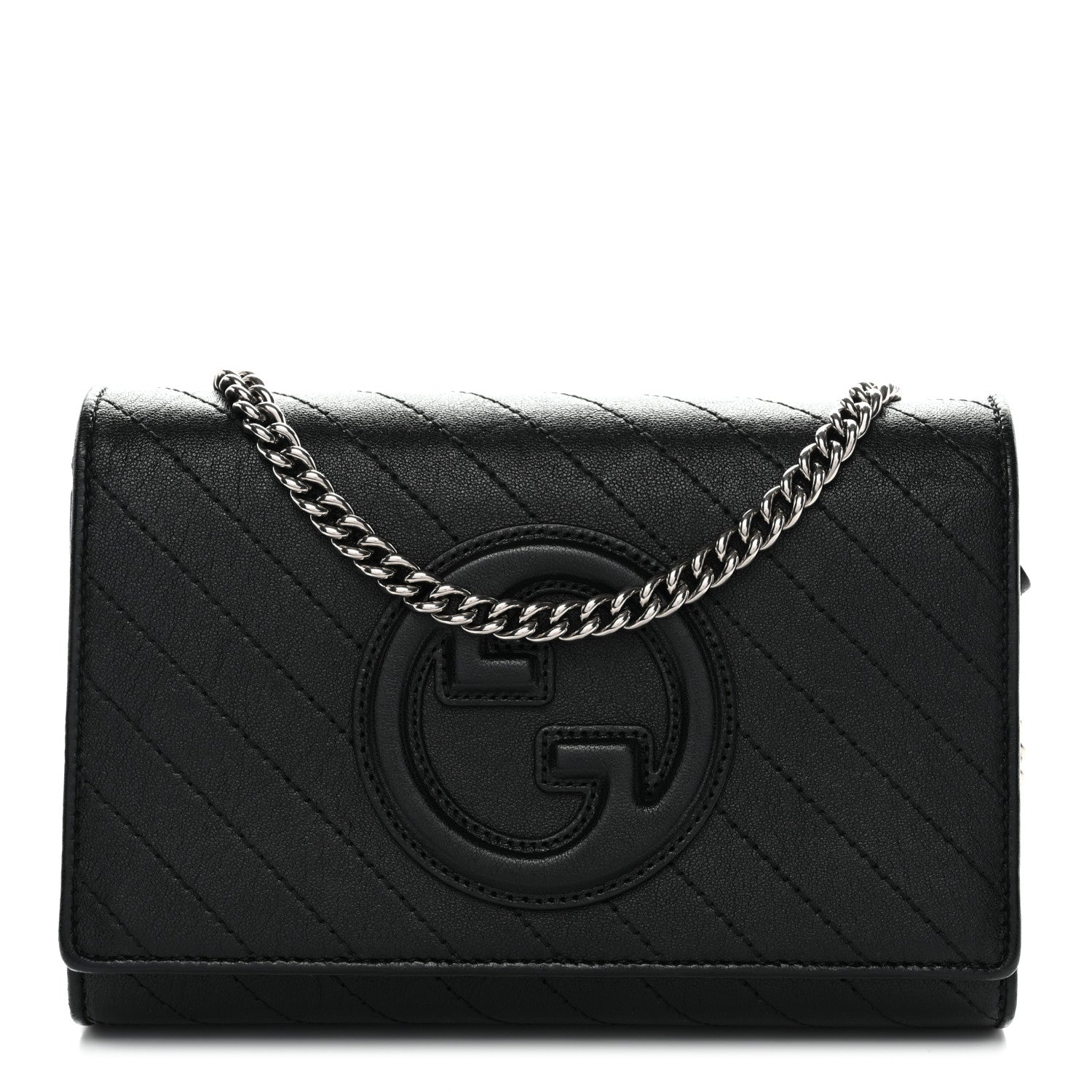 Gucci Sakai Be Green Calfskin Diagonal Stitched Blondie Wallet on Chain Black