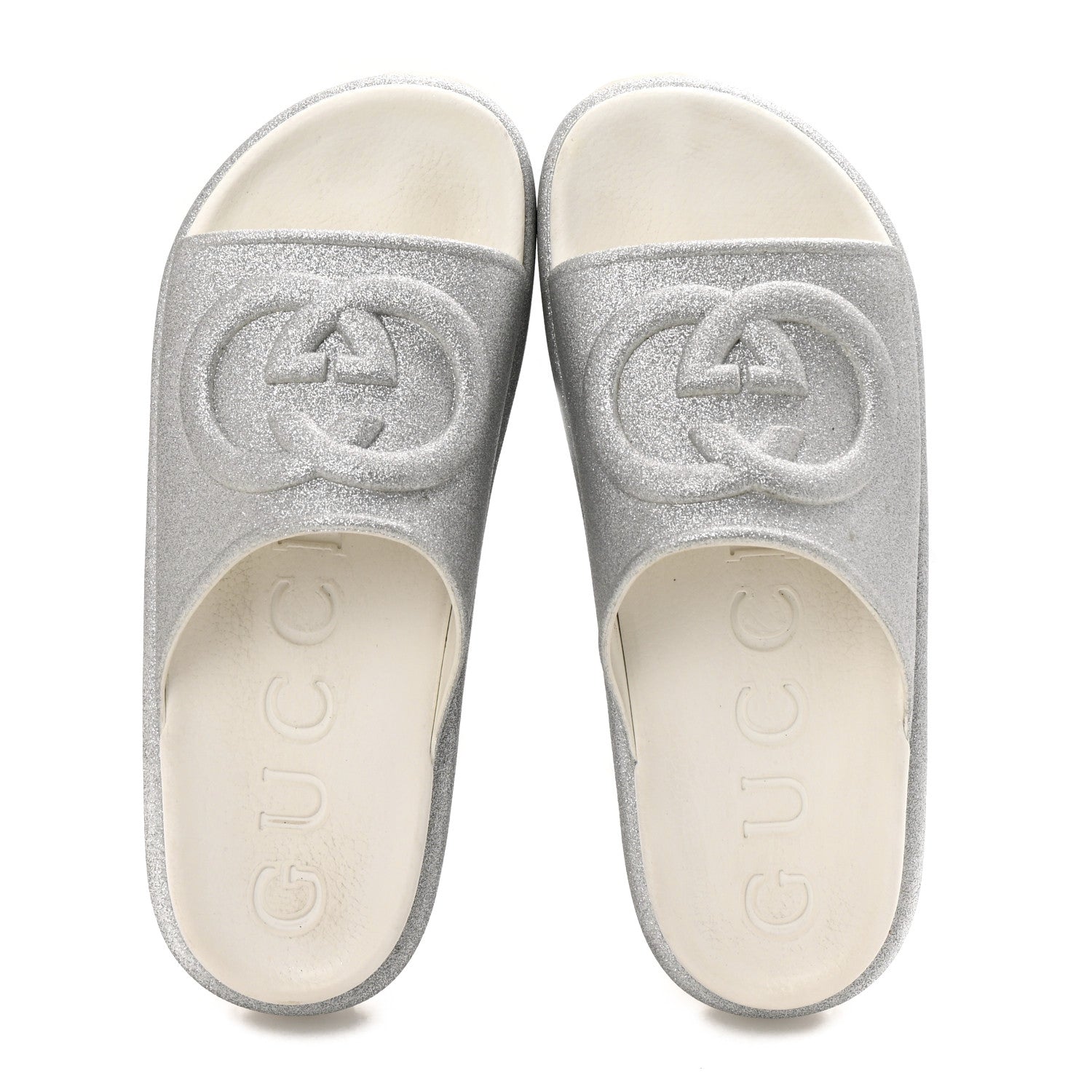 Gucci Glitter Rubber Womens Interlocking G Platform 42mm Slide Sandals 40 Silver