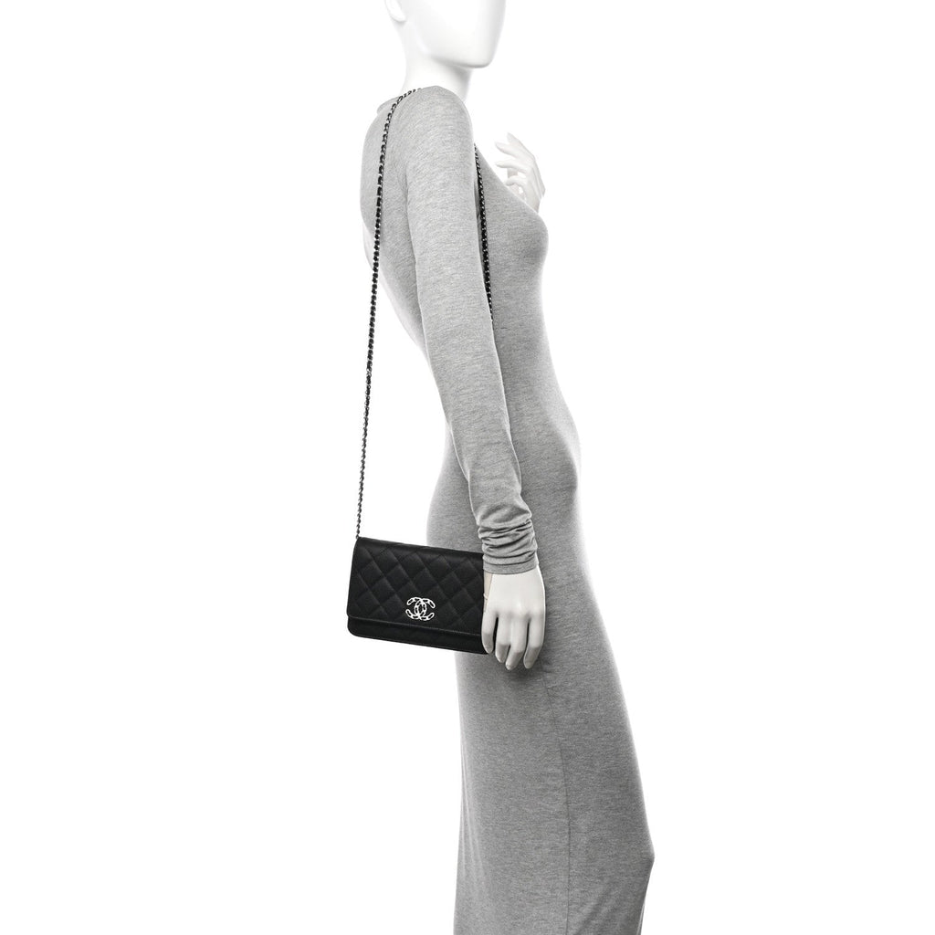 Chanel Caviar Quilted Chanel 19 Wallet On Chain WOC Black White