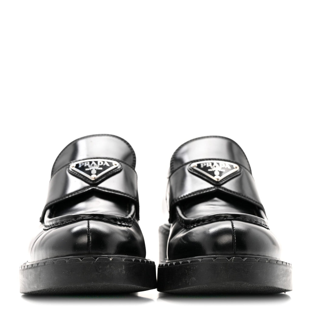 Prada Spazzolato Metal Triangle Logo 50mm Loafers 37.5 Black