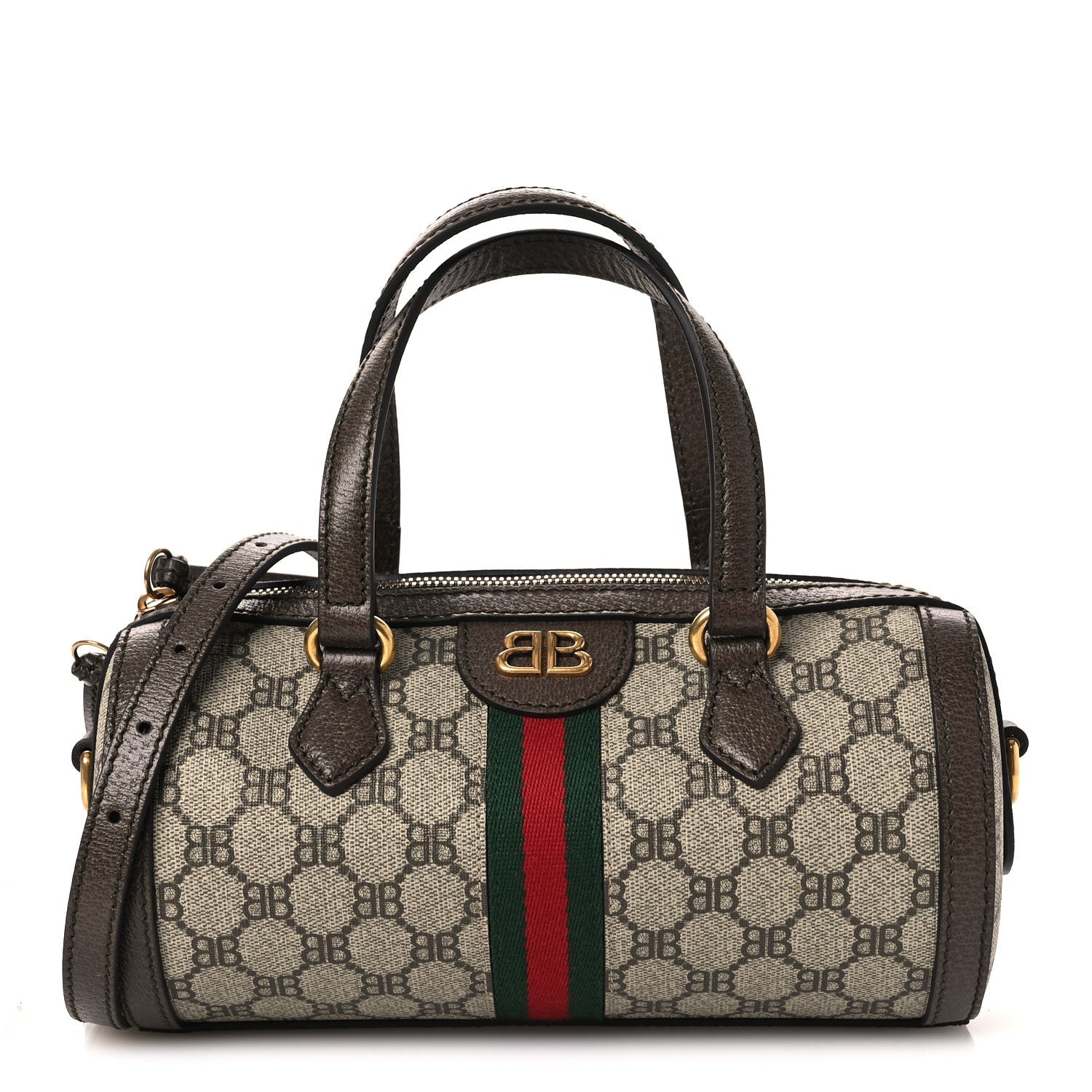 Gucci X BALENCIAGA BB Supreme Monogram Web Small Ophidia Boston Bag Beige New Acero