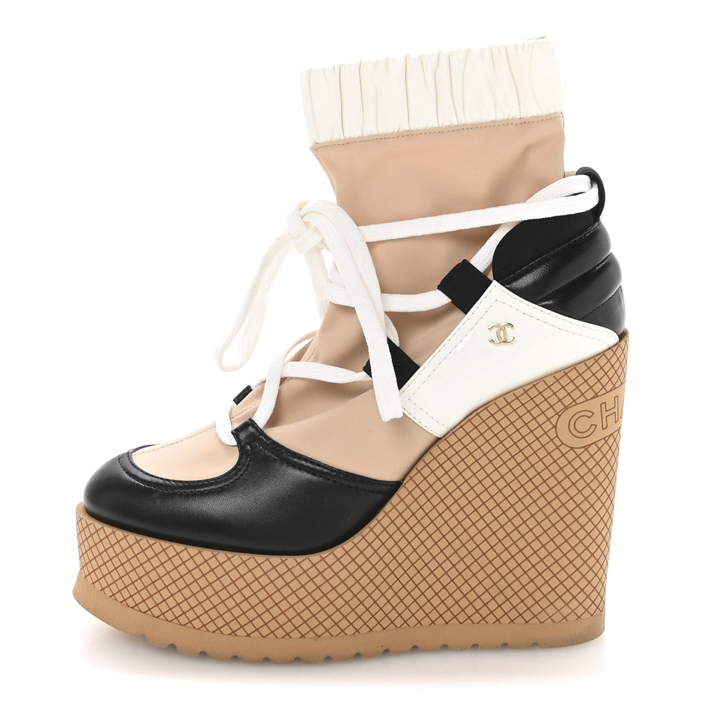 Fabric Lambskin Calfskin Runway Wedge Short Platform Boots 37 Black White Beige