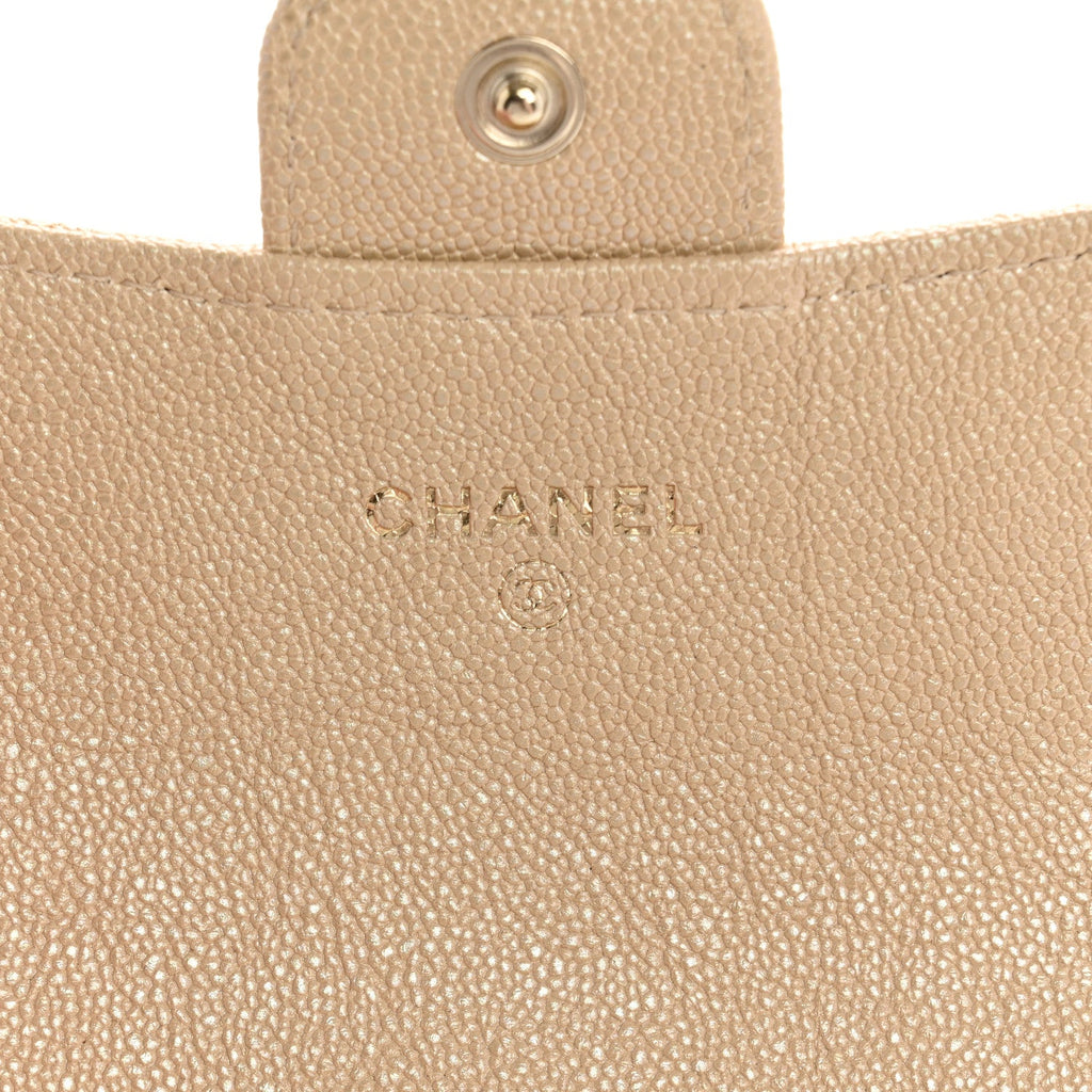 Iridescent Caviar Quilted Flap Card Holder Beige