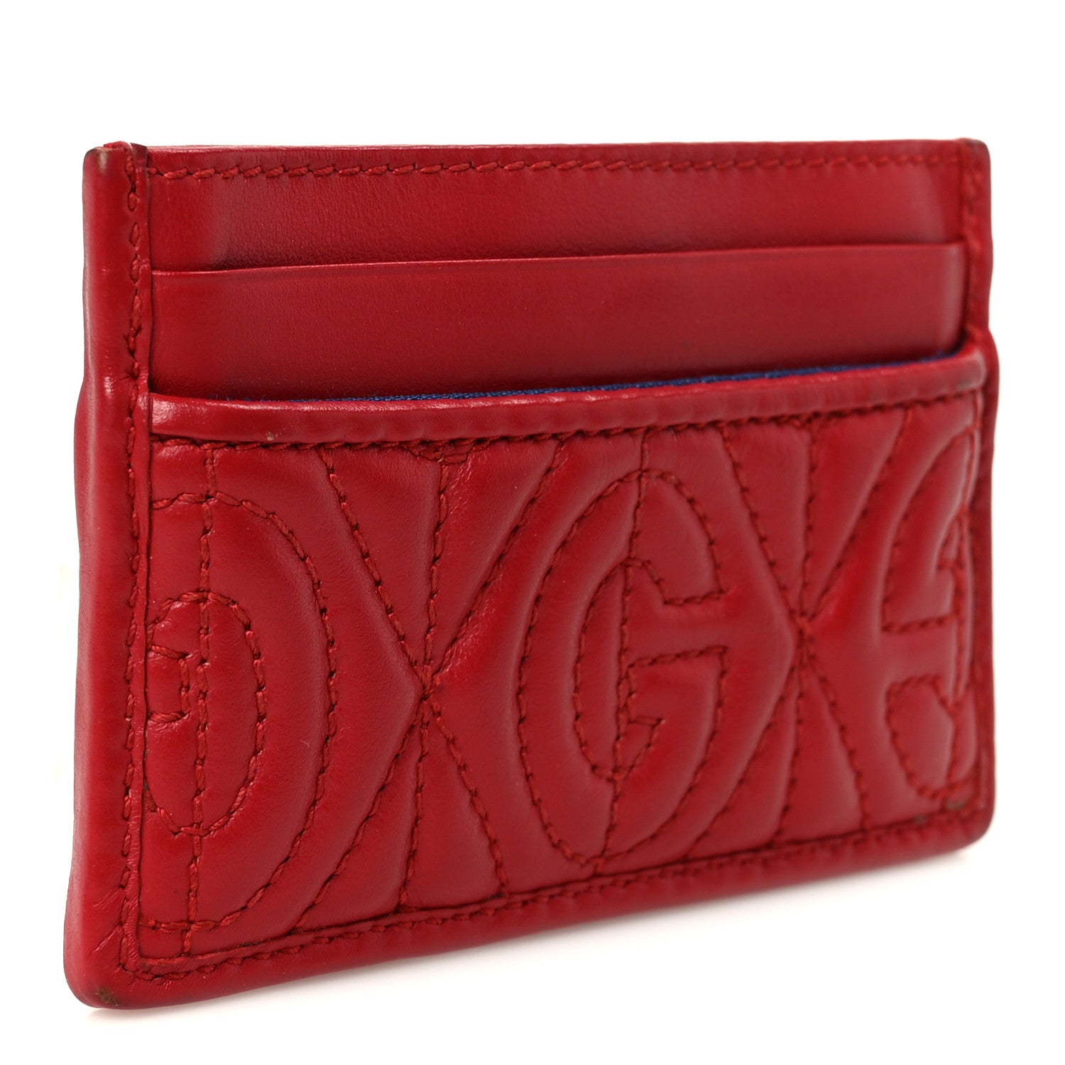 Gucci Calfskin G Rhombus Quilted Card Holder Hibiscus Red