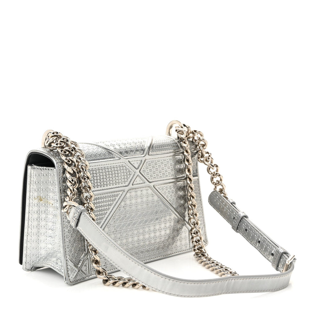Christian Dior Metallic Patent Micro-Cannage Small Diorama Flap Bag Silver