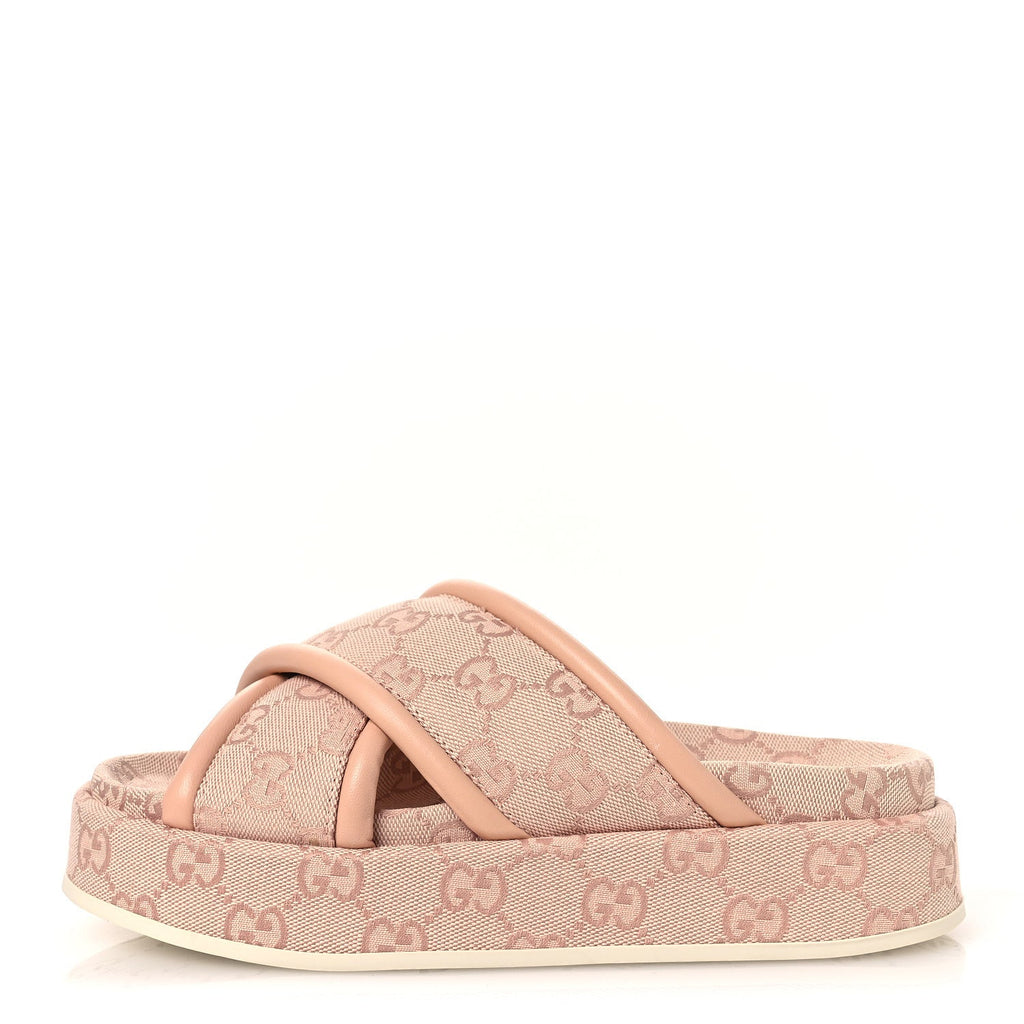 Gucci Monogram GG Calfskin Angelina Platform 55mm Slide Sandals 36.5 Light Pink