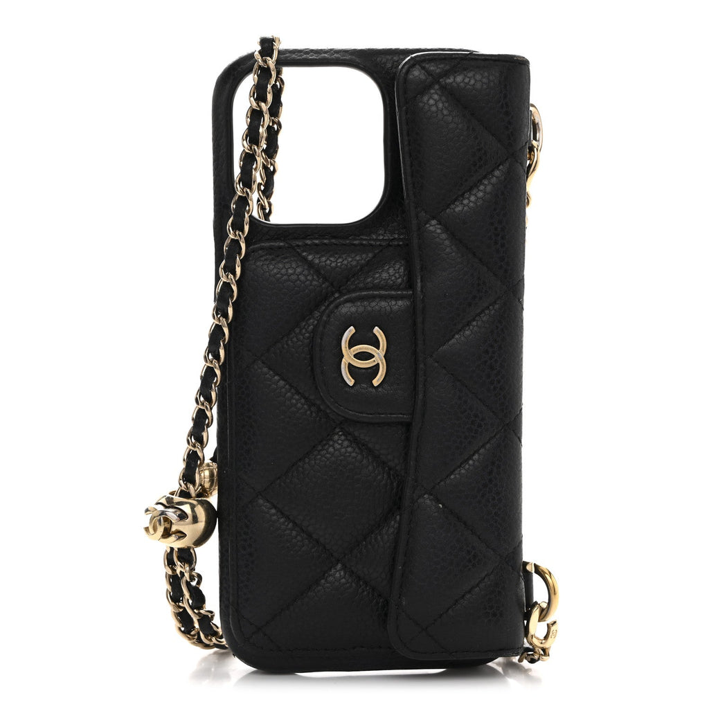 Caviar Quilted Pearl Crush iPhone 16 Pro Max Case With Chain Black