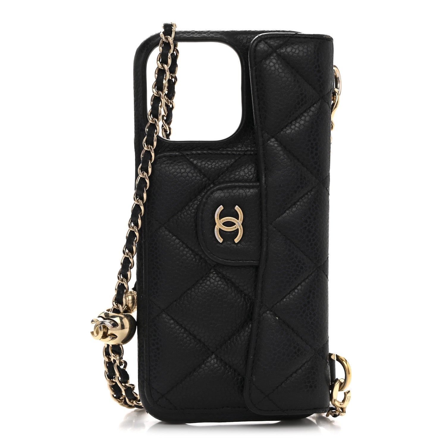 Caviar Quilted Pearl Crush iPhone 16 Pro Max Case With Chain Black