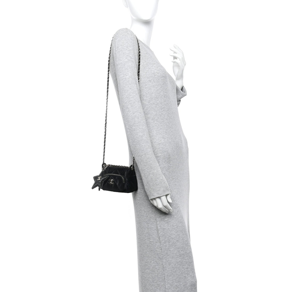 Chanel Velvet Effect Nylon Shiny Crumpled Calfskin Mini Quilted Chanel 25 Clutch With Chain Black