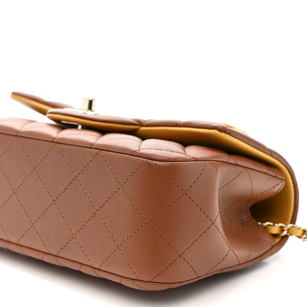 Chanel Lambskin Quilted Bi-Color Mini Top Handle Rectangular Flap Light Brown Yellow