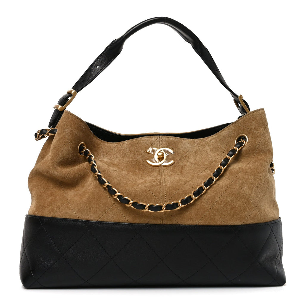 Chanel Suede Calfskin Shiny Lambskin Quilted Small Coco Base Shopping Bag Beige Black